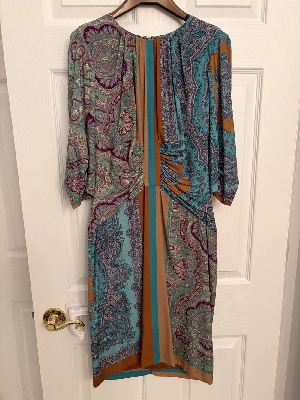 Etro Turquoise Paisley Midi Dress with Camel Accents